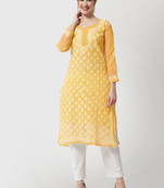 Yellow embroidered georgette chikankari-kurtis