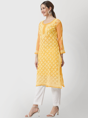 Yellow embroidered georgette chikankari-kurtis 2