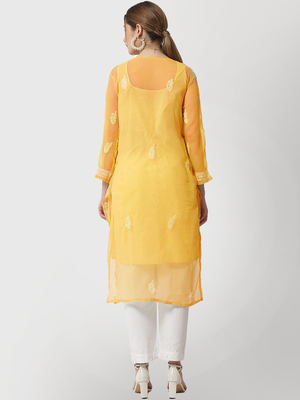 Yellow embroidered georgette chikankari-kurtis 3