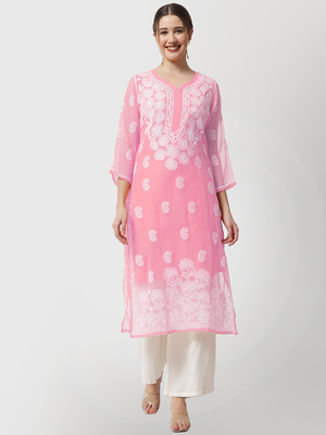 Pink embroidered georgette chikankari-kurtis 1