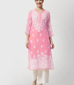 Pink embroidered georgette chikankari-kurtis