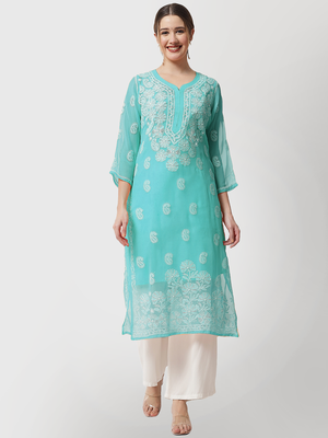 Green embroidered georgette chikankari-kurtis 1