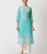 Green embroidered georgette chikankari-kurtis
