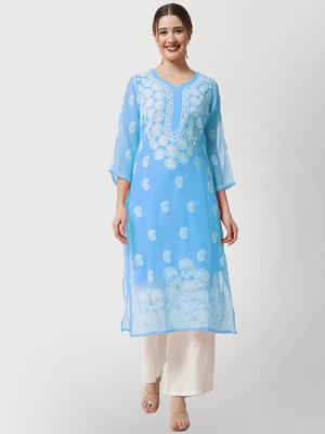 Blue embroidered georgette chikankari-kurtis 1