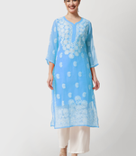 Blue embroidered georgette chikankari-kurtis