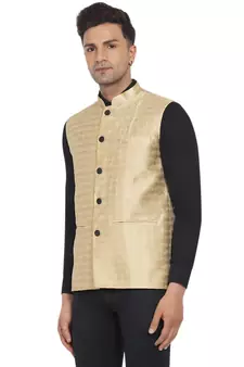 Gold printed jaquard nehru-jacket