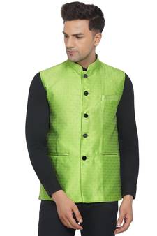 Green printed jaquard nehru-jacket