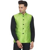 Green printed jaquard nehru-jacket