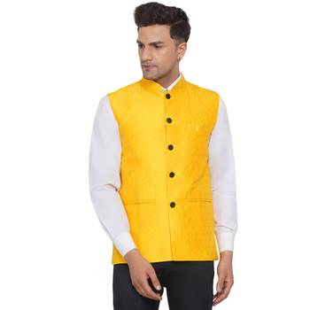 Yellow printed jaquard nehru-jacket 1