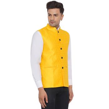Yellow printed jaquard nehru-jacket 2