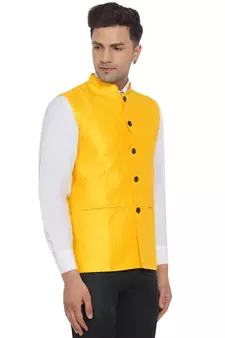 Yellow printed jaquard nehru-jacket