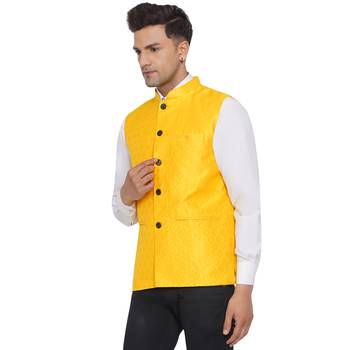Yellow printed jaquard nehru-jacket 3