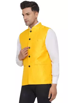 Yellow printed jaquard nehru-jacket