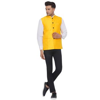 Yellow printed jaquard nehru-jacket 5