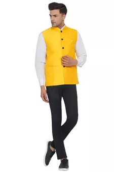 Yellow printed jaquard nehru-jacket
