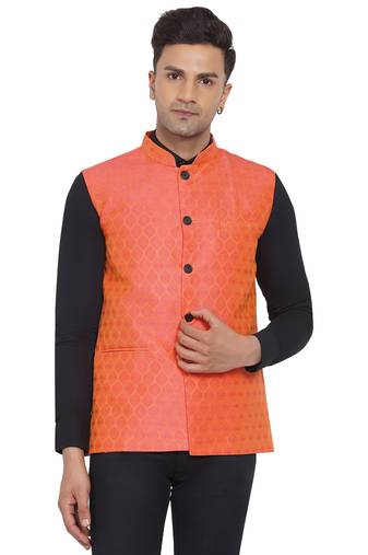 Orange printed jaquard nehru-jacket
