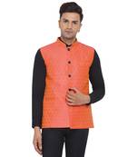 Orange printed jaquard nehru-jacket