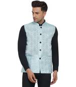 Blue printed jaquard nehru-jacket