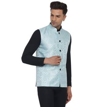 Blue printed jaquard nehru-jacket 2
