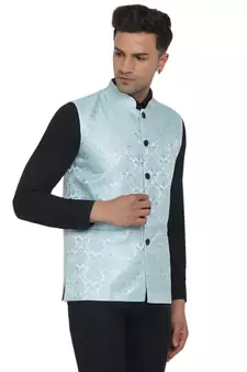 Blue printed jaquard nehru-jacket