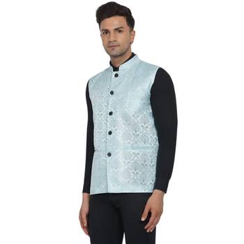 Blue printed jaquard nehru-jacket 3
