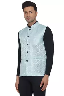 Blue printed jaquard nehru-jacket