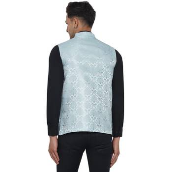 Blue printed jaquard nehru-jacket 4