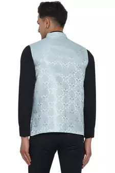 Blue printed jaquard nehru-jacket