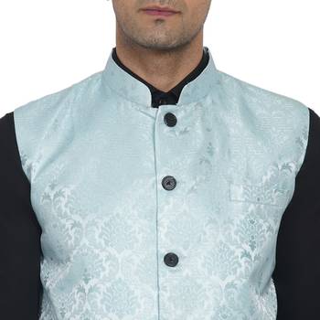 Blue printed jaquard nehru-jacket 5