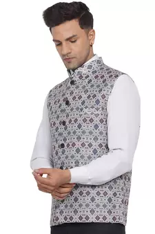 White printed cotton nehru-jacket
