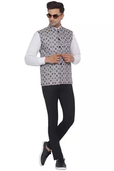 White printed cotton nehru-jacket