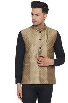Brown printed jaquard nehru-jacket