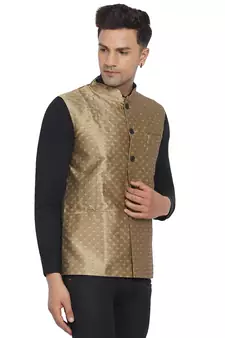 Brown printed jaquard nehru-jacket