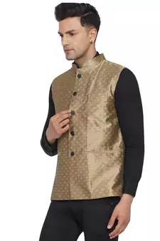 Brown printed jaquard nehru-jacket