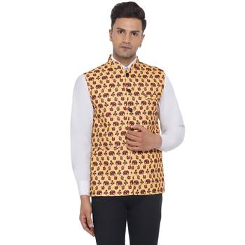 Yellow printed cotton nehru-jacket 1