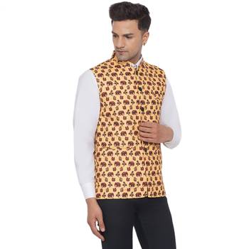 Yellow printed cotton nehru-jacket 2