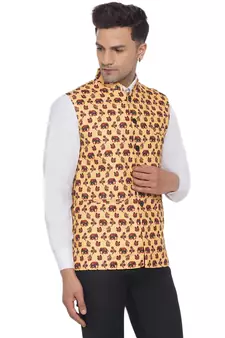 Yellow printed cotton nehru-jacket