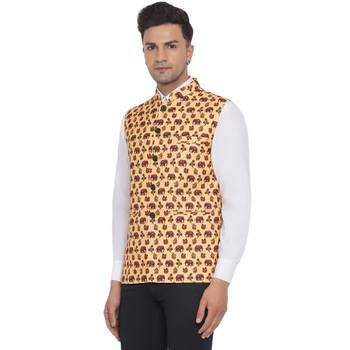 Yellow printed cotton nehru-jacket 3