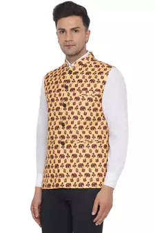 Yellow printed cotton nehru-jacket