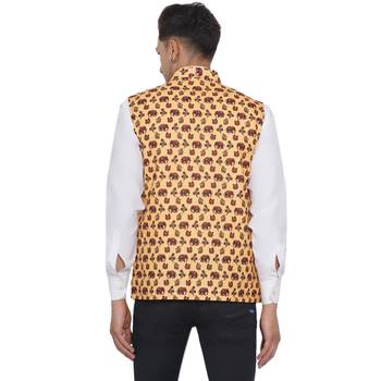 Yellow printed cotton nehru-jacket 4