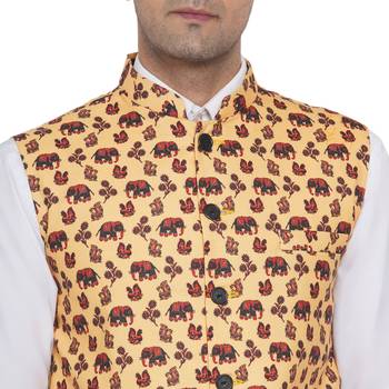 Yellow printed cotton nehru-jacket 5