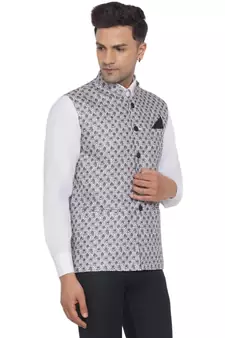 White printed cotton nehru-jacket