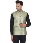 Green printed banarasi nehru-jacket
