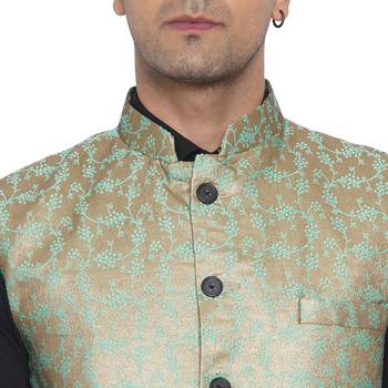 Green printed banarasi nehru-jacket 2