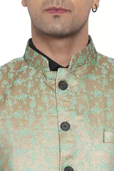 Green printed banarasi nehru-jacket