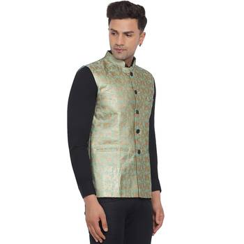 Green printed banarasi nehru-jacket 3