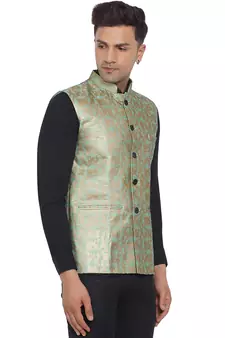 Green printed banarasi nehru-jacket