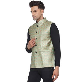 Green printed banarasi nehru-jacket 4