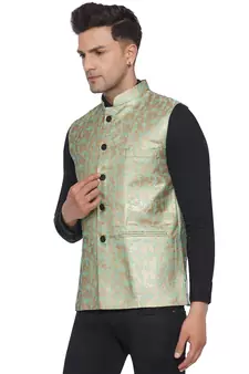 Green printed banarasi nehru-jacket