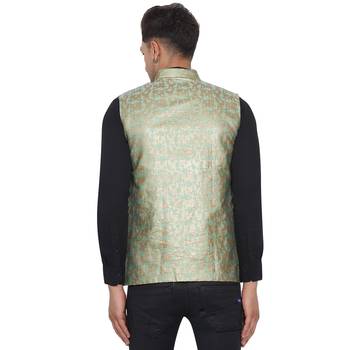 Green printed banarasi nehru-jacket 5